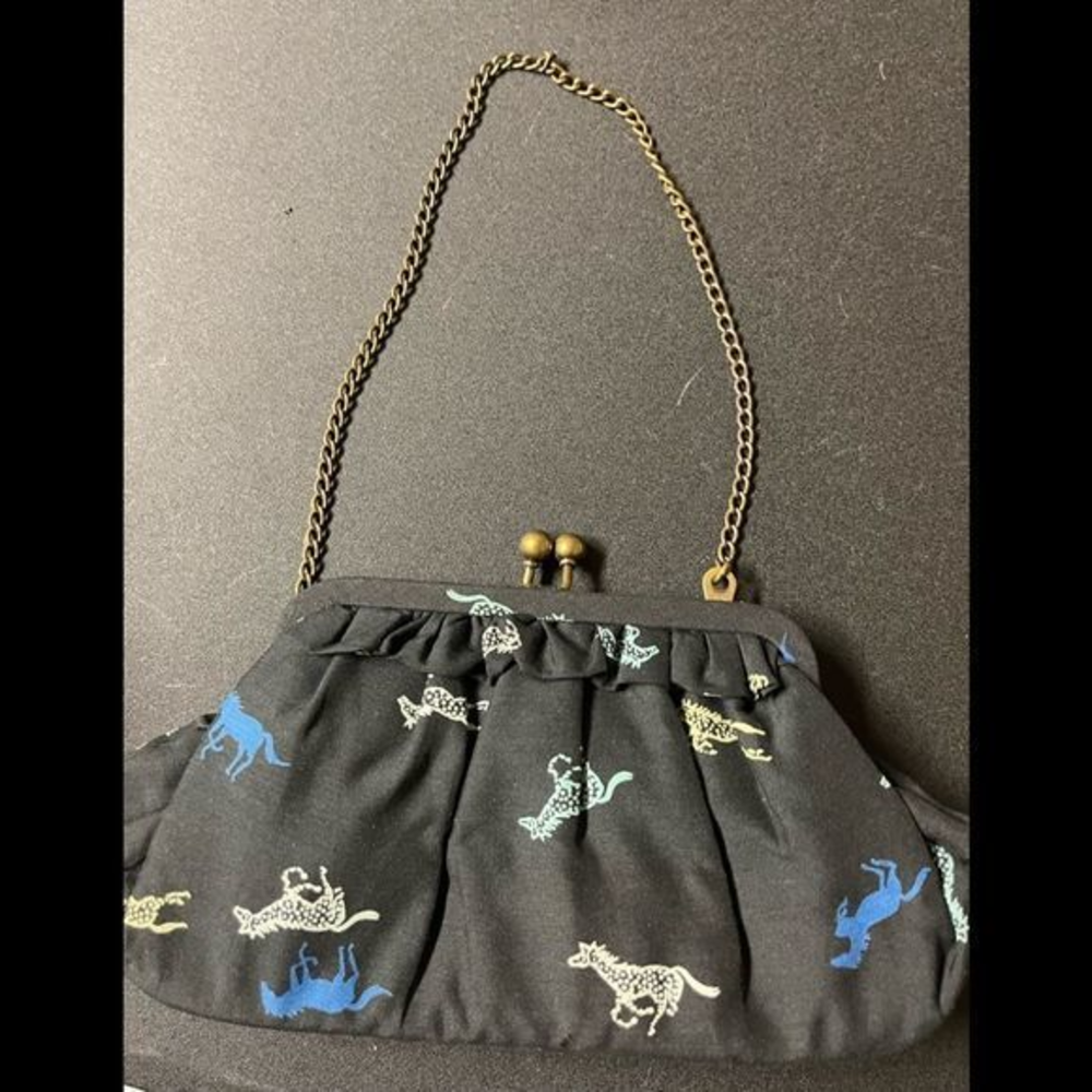 Gap 80% silk kisslock evening bag tuck away‎ chain - running horse design.
